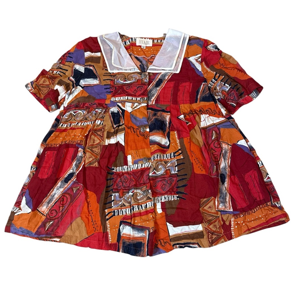 Vintage Mixed-Print Sailor Collar Blouse in Red, Orange, Brown, Navy & Purple